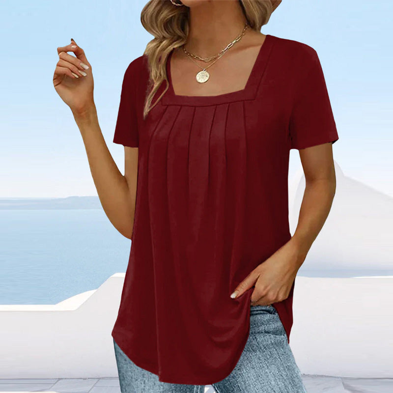 Casual Pleated Blouse – Women's Tops | Flattering Square Neckline Shirt
