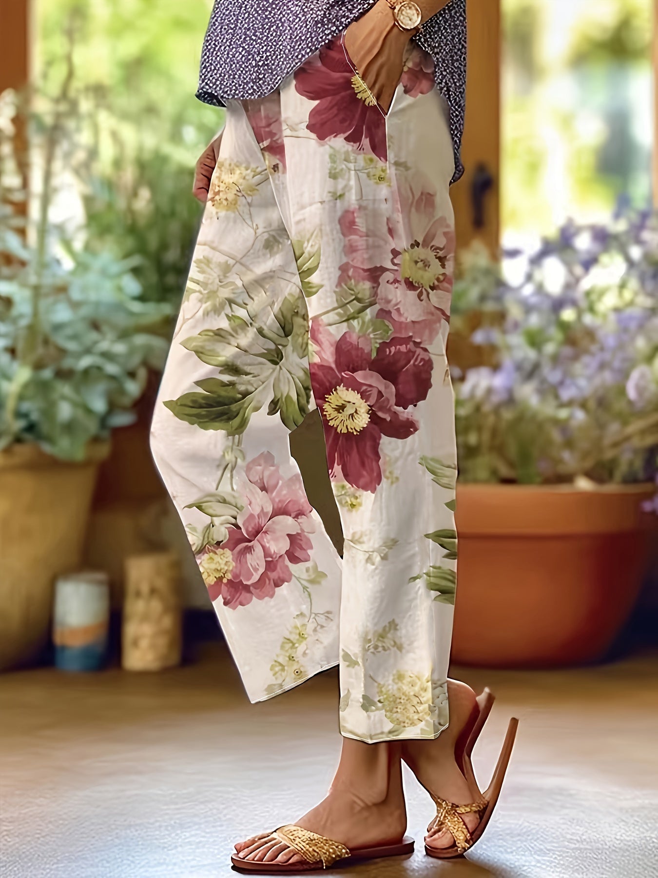 Floral Print Pants - Loose Fit Trousers With Side Pockets | Summer Casual Wear