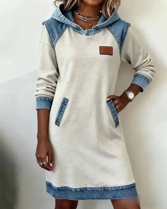 Casual Hooded Dress – Two Tone Cotton Blend, Straight Fit Pocketed Style