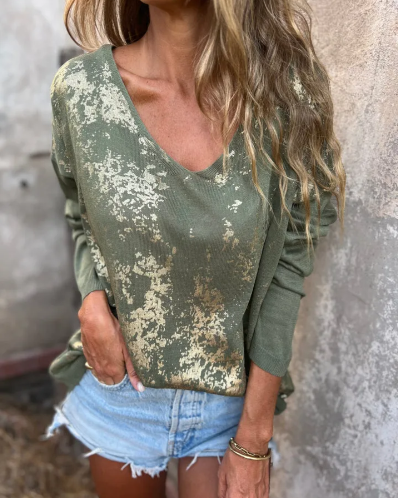 Casual Knitted Top – Lightweight Summer Knit With Gold Accent Knitwear Blouse