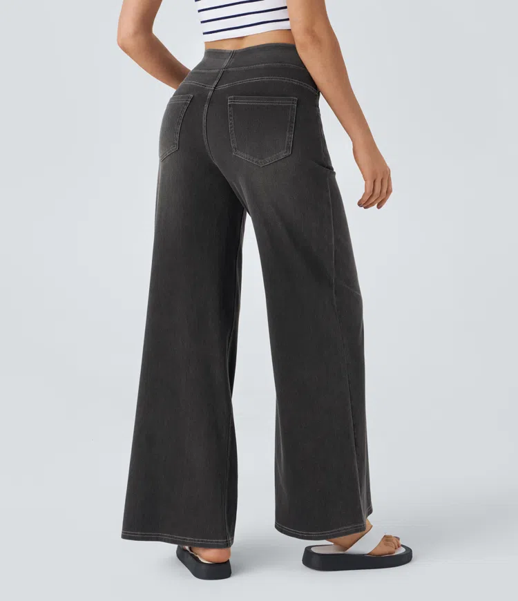 Relaxed Fit Jeans - High Waist Wide-Leg Pull On Comfortable Stretch Denim Pants