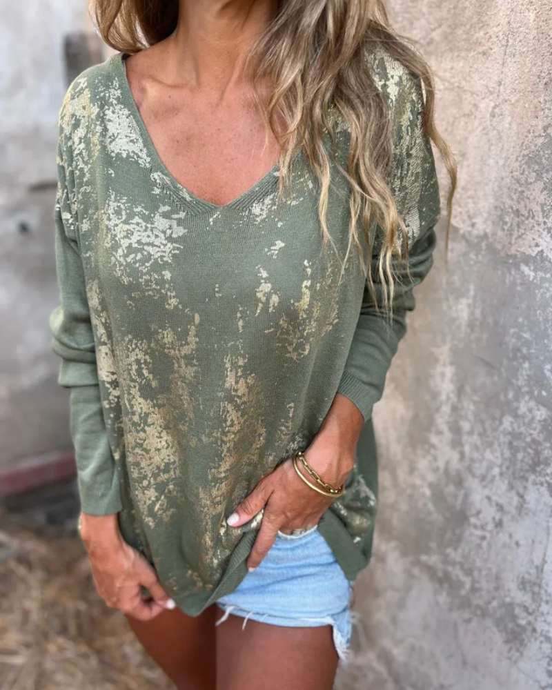 Casual Knitted Top – Lightweight Summer Knit With Gold Accent Knitwear Blouse
