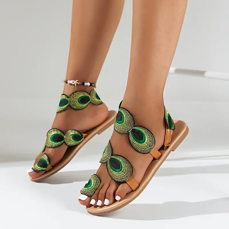 Elegant Women's Sandals – Vivien Peacock Pattern Shoes with Non-Slip Soles