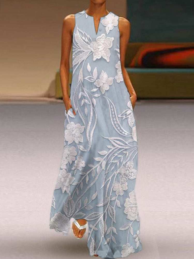 Elegant Sleeveless Dress – Luxe Printed Floral A-Line Silhouette Maxi Gown
