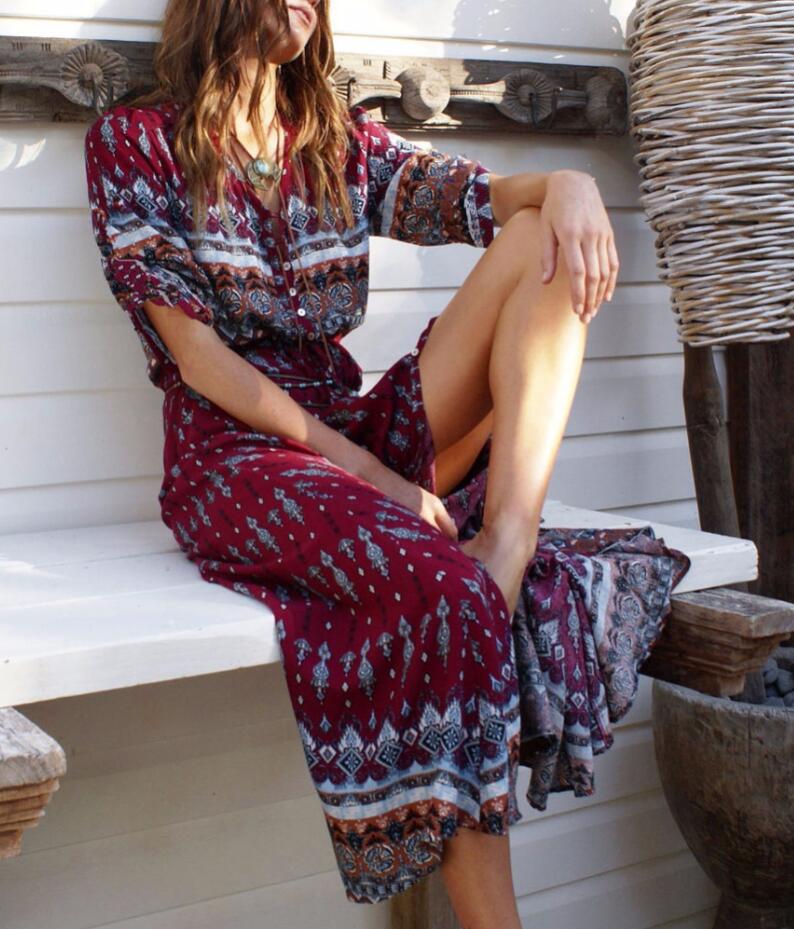 Bohemian Maxi Dress – Flowing Long Slit Dress with Flattering Relaxed Fit