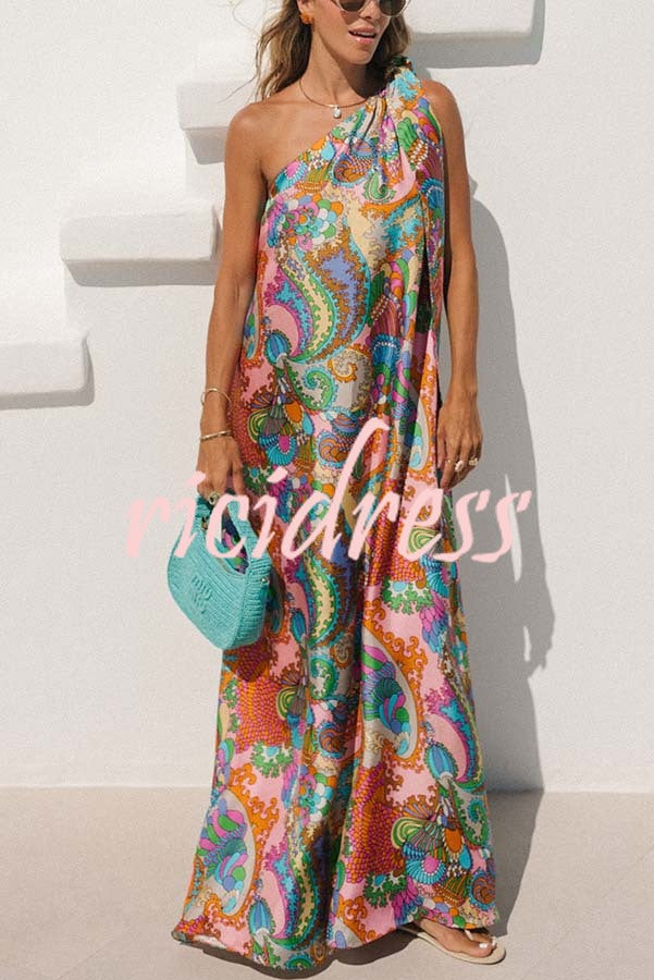 One-Shoulder Satin Maxi Dress - Unique Printed Bow Detail | Summer Elegant Gown