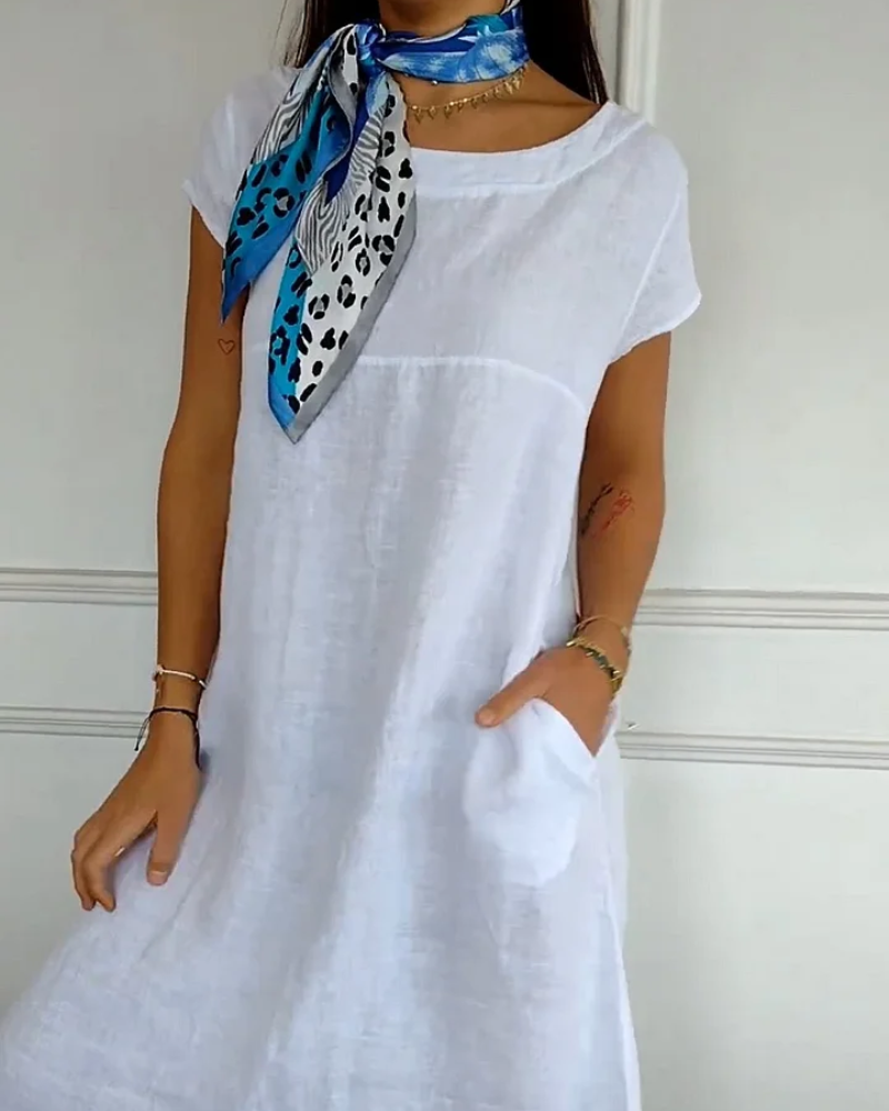 Casual Cotton Dress - Lightweight A-Line Silhouette With Side Pockets