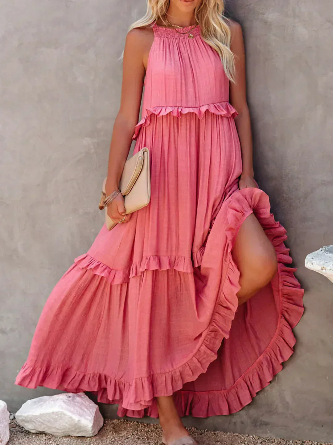 Halter Ruffle Maxi Dress – Elegant Bohemian Flowy Summer Dress With Ruffle Hem