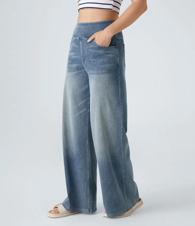 Relaxed Fit Jeans - High Waist Wide-Leg Pull On Comfortable Stretch Denim Pants