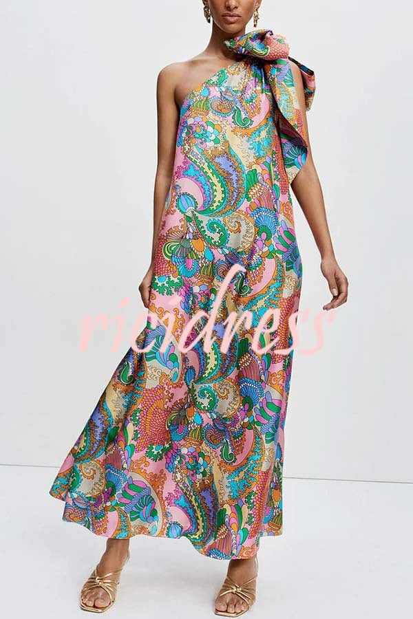 One-Shoulder Satin Maxi Dress - Unique Printed Bow Detail | Summer Elegant Gown