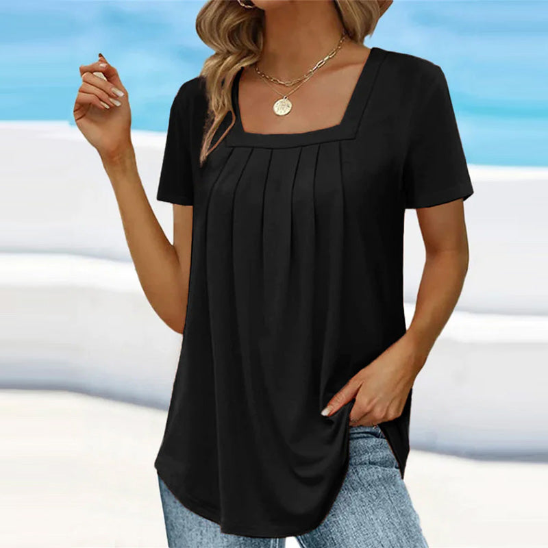 Pleated Blouse – Elegant Square Neckline Lightweight Summer Top For Women