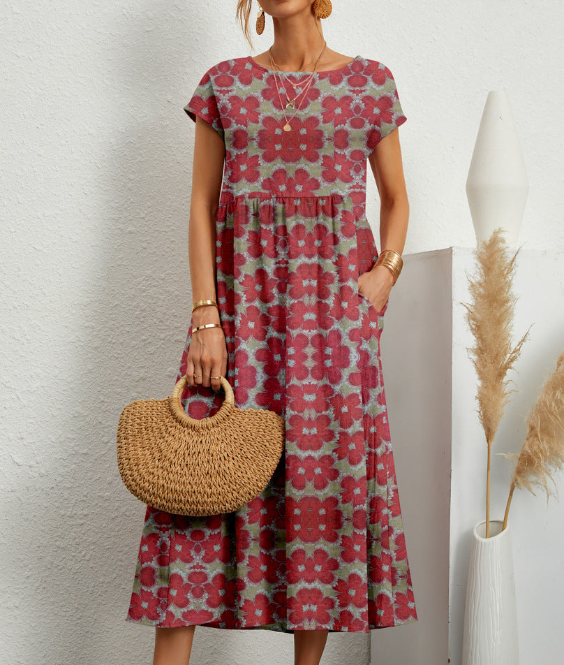Elegant Floral Dress - Boho Summer Dress With Side Pockets & Breathable Fabric