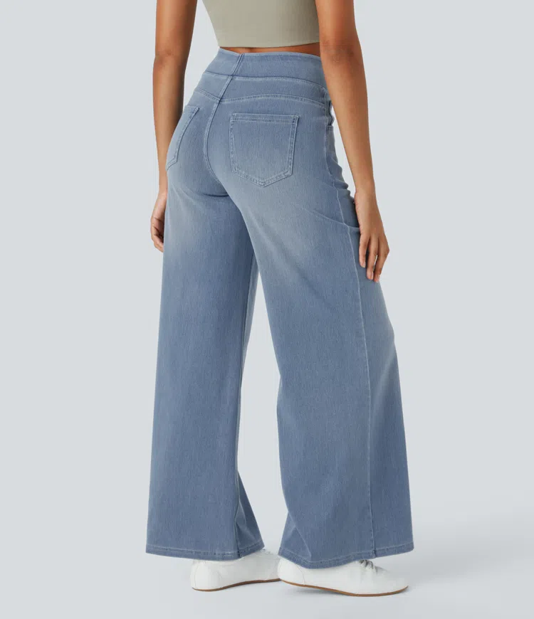 Relaxed Fit Jeans - High Waist Wide-Leg Pull On Comfortable Stretch Denim Pants