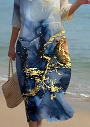 Mid Sleeve Day Dress – Relaxed Cotton Blend Abstract Print Dress for Spring Autumn