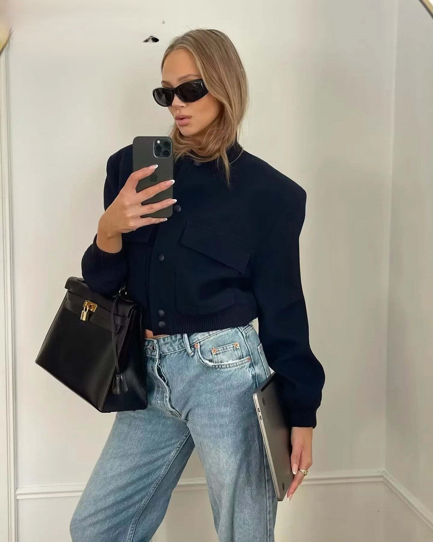 Crop Bomber Jacket - Long Sleeve Button Front Crop Jacket for Women