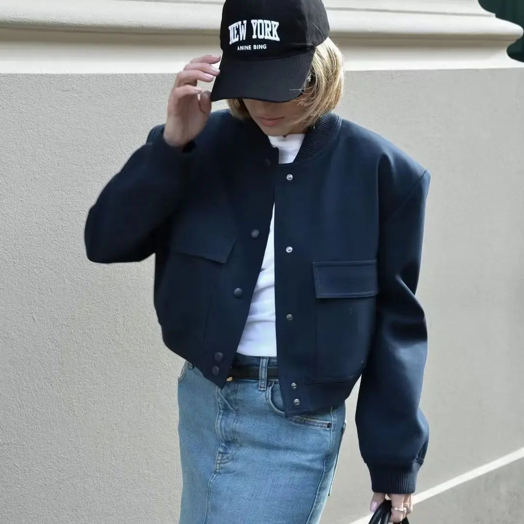 Crop Bomber Jacket - Long Sleeve Button Front Crop Jacket for Women