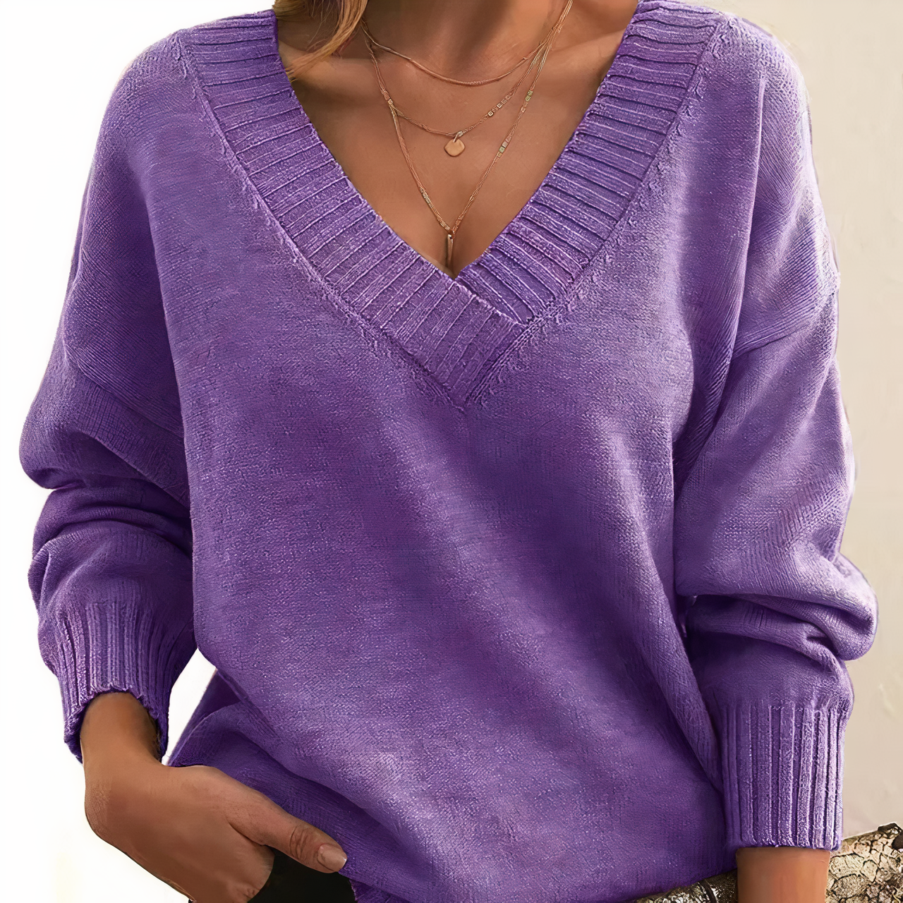 Deep V-Neck Sweater - Relaxed Fit Ribbed Knit Pullover for Women’s Casual Elegance