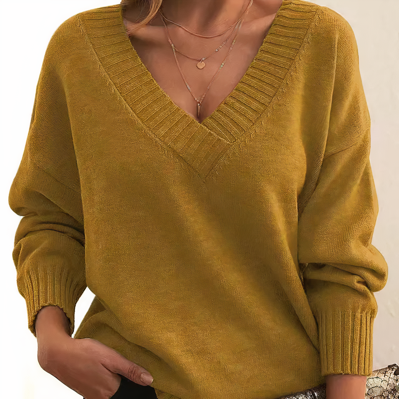 Deep V-Neck Sweater - Relaxed Fit Ribbed Knit Pullover for Women’s Casual Elegance
