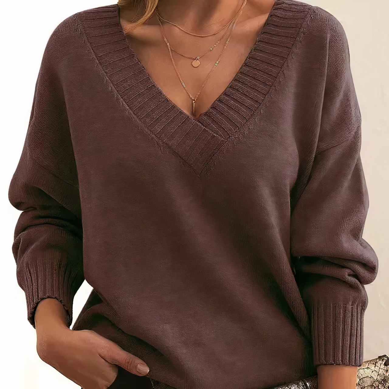 Deep V-Neck Sweater - Relaxed Fit Ribbed Knit Pullover for Women’s Casual Elegance