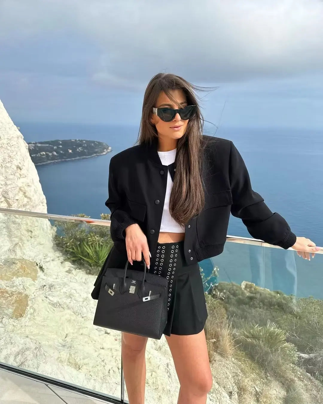 Crop Bomber Jacket - Long Sleeve Button Front Crop Jacket for Women