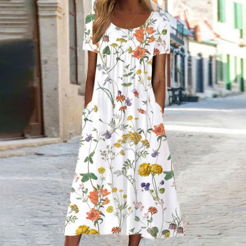 Boho Floral Dress - Lightweight A-Line Midi Length With Tummy Cover