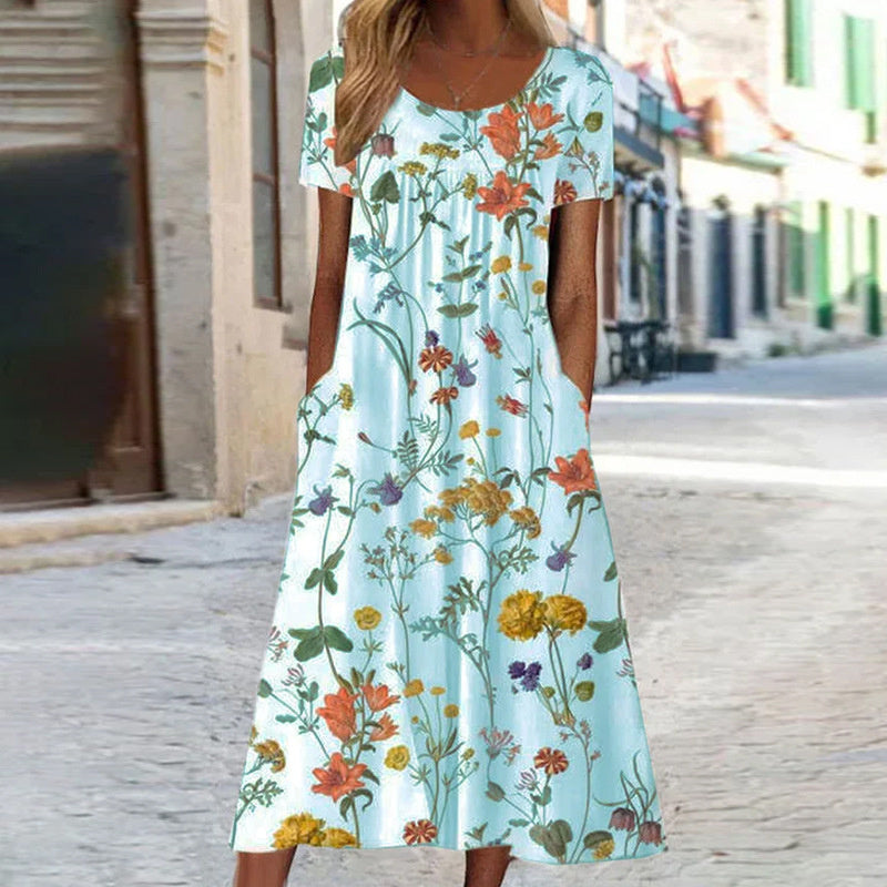 Boho Floral Dress - Lightweight A-Line Midi Length With Tummy Cover