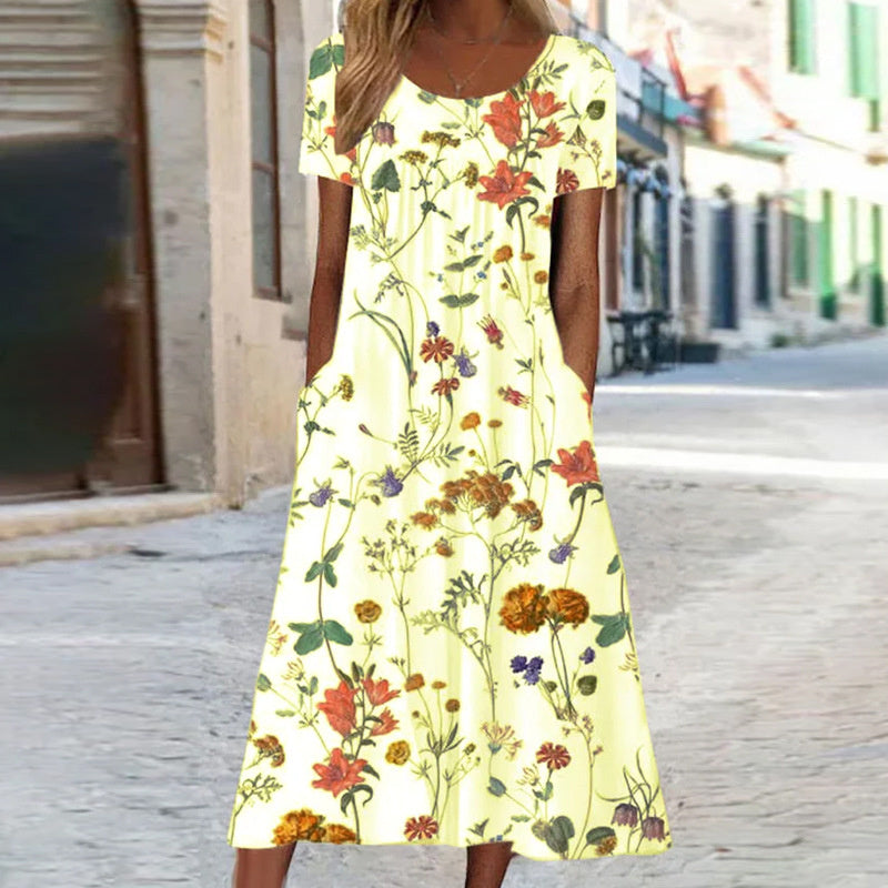 Boho Floral Dress - Lightweight A-Line Midi Length With Tummy Cover