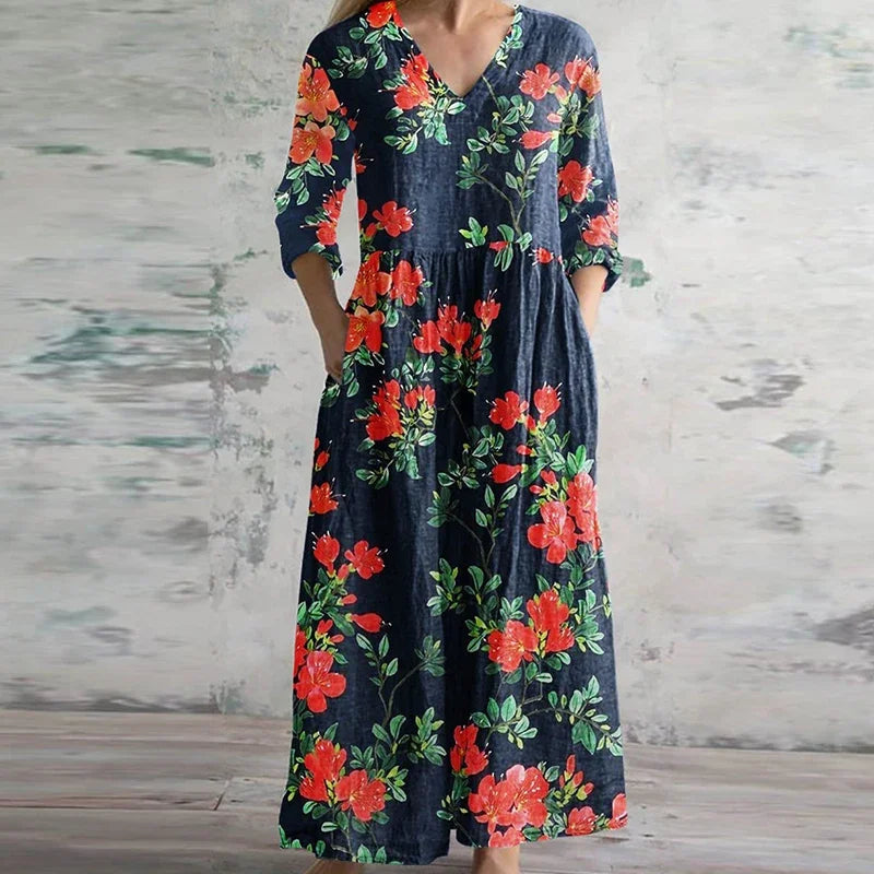 Retro Maxi Dress - Elegant Cotton Blend Long Dress With Vintage Style