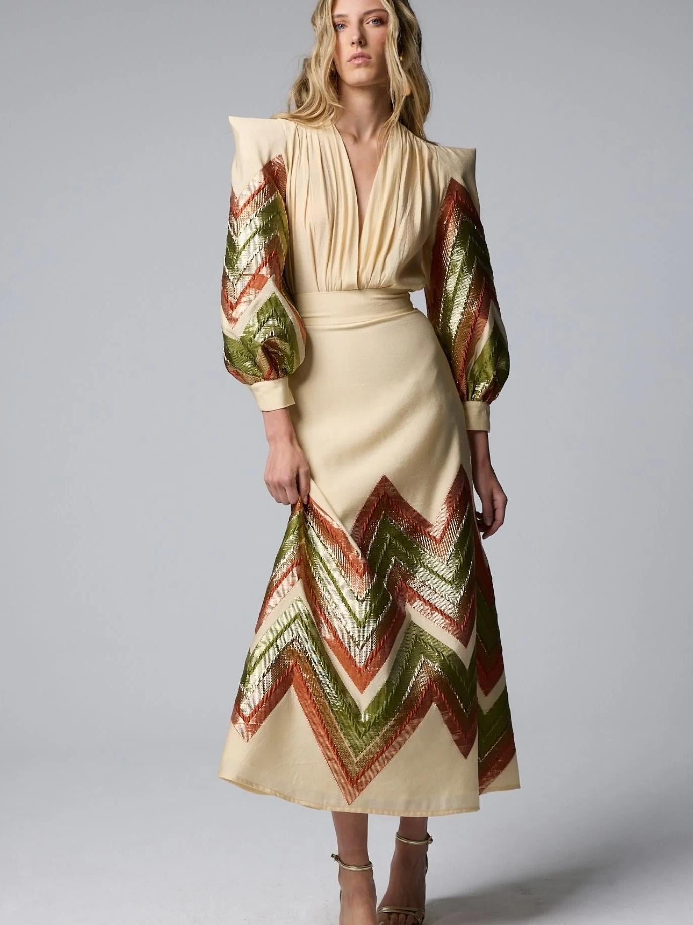 Puff Sleeves Bodysuit Featuring Structured Design - Elegant Midi Skirt Set