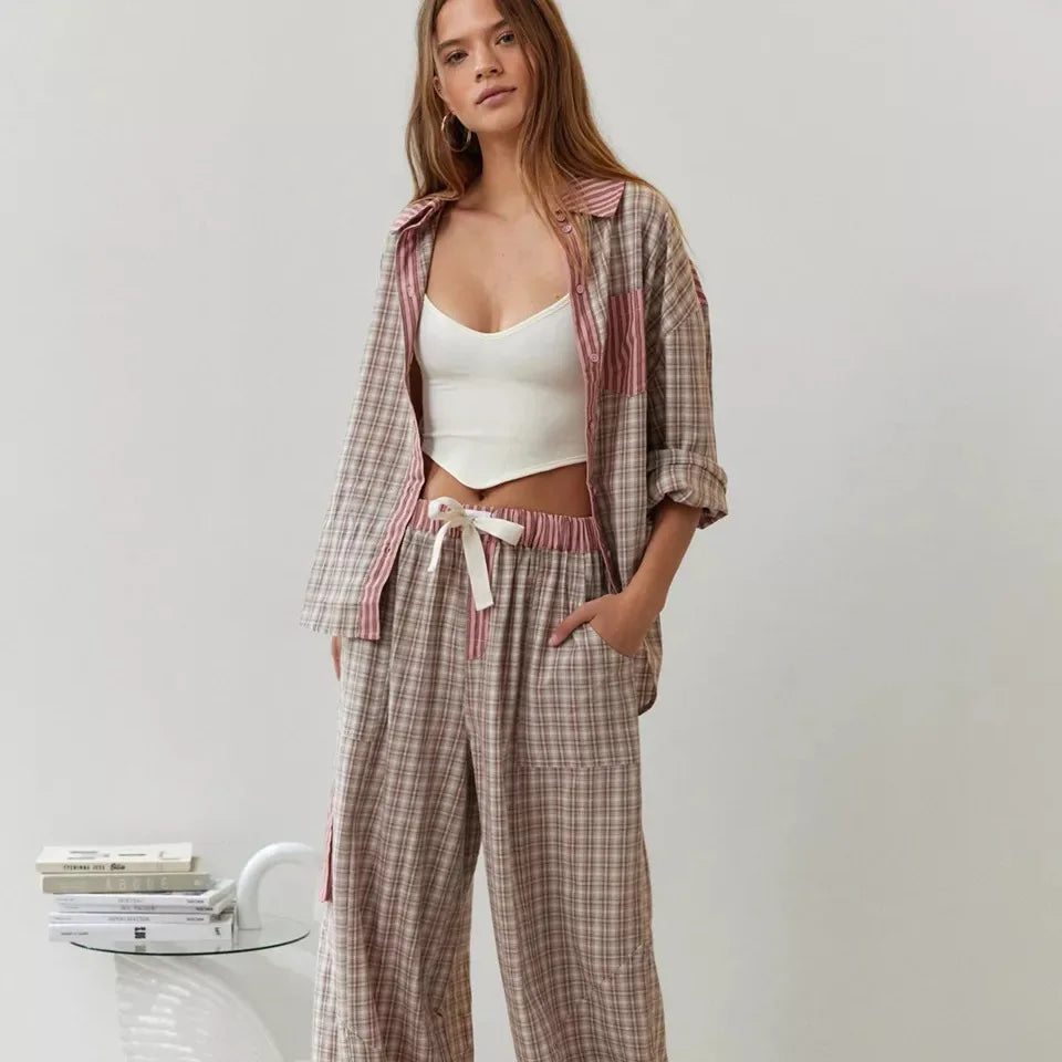 Conjunto de Pijamas de Mujer con Blusa a Cuadros y Pantalones Sueltos – Ropa de Dormir Cómoda para Invierno