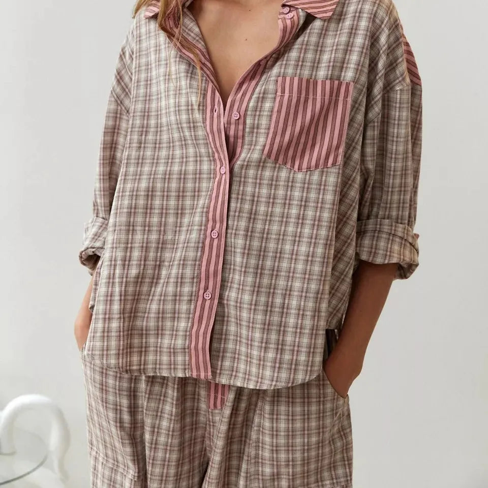 Conjunto de Pijamas de Mujer con Blusa a Cuadros y Pantalones Sueltos – Ropa de Dormir Cómoda para Invierno