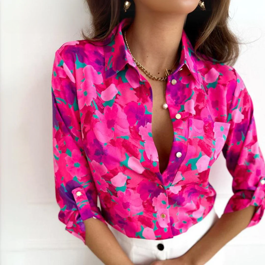 Hot Pink Blouse – Floral Print Casual Women's Top with Pocket & Button Detail