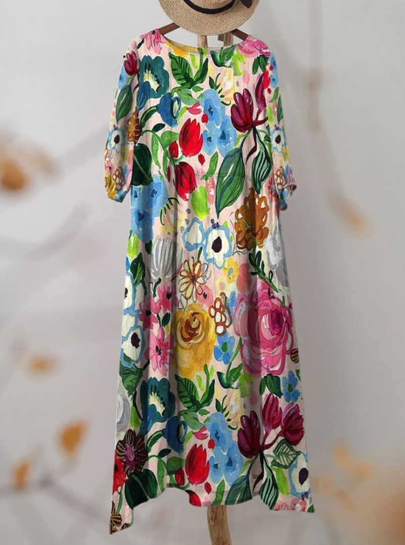 Vibrant Floral Dress - Knee Length, Short Sleeve, Lightweight Summer Style