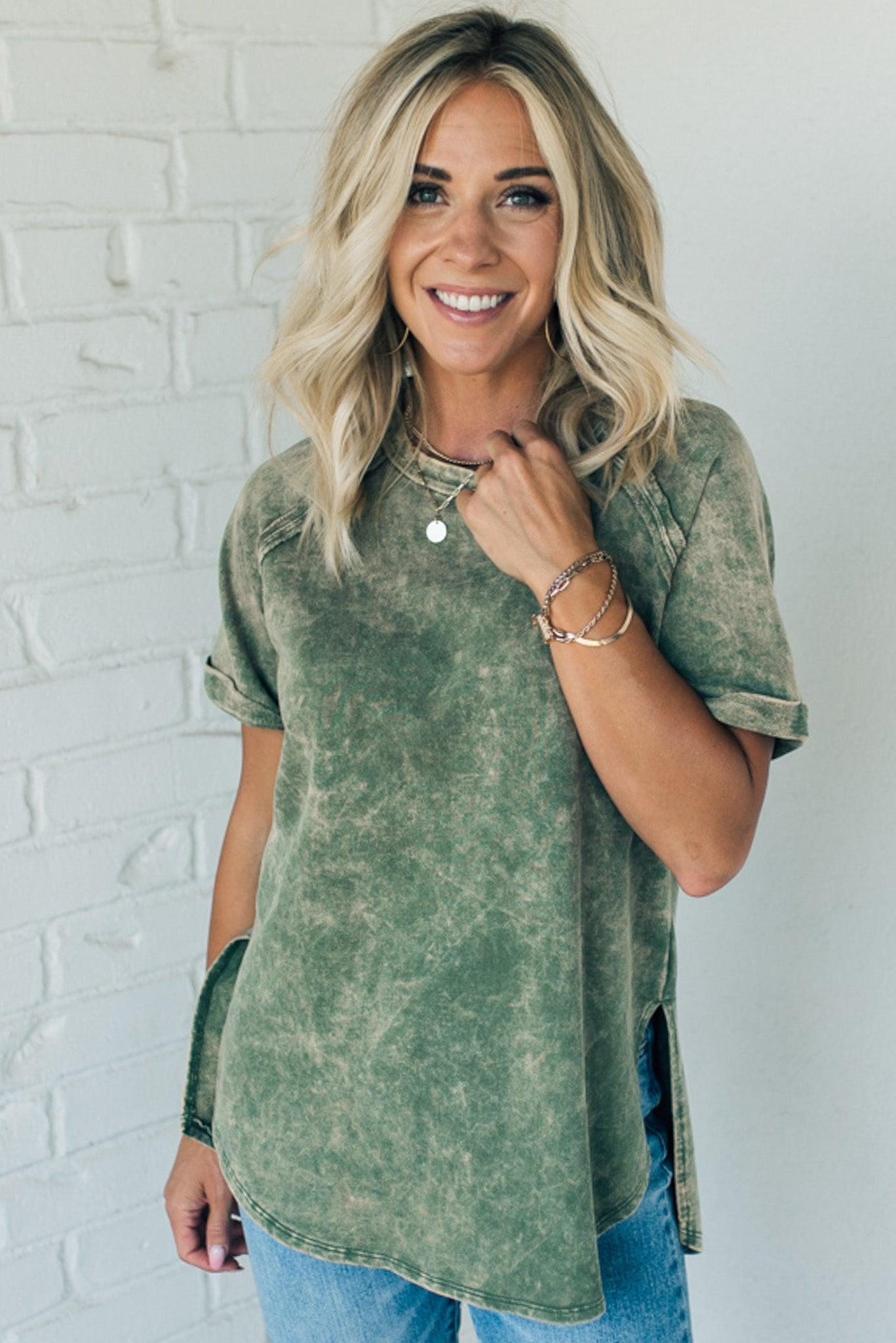 French Terry Top – Lightweight Acid Wash Shirt With Raglan Sleeve & Raw Edge Fashion