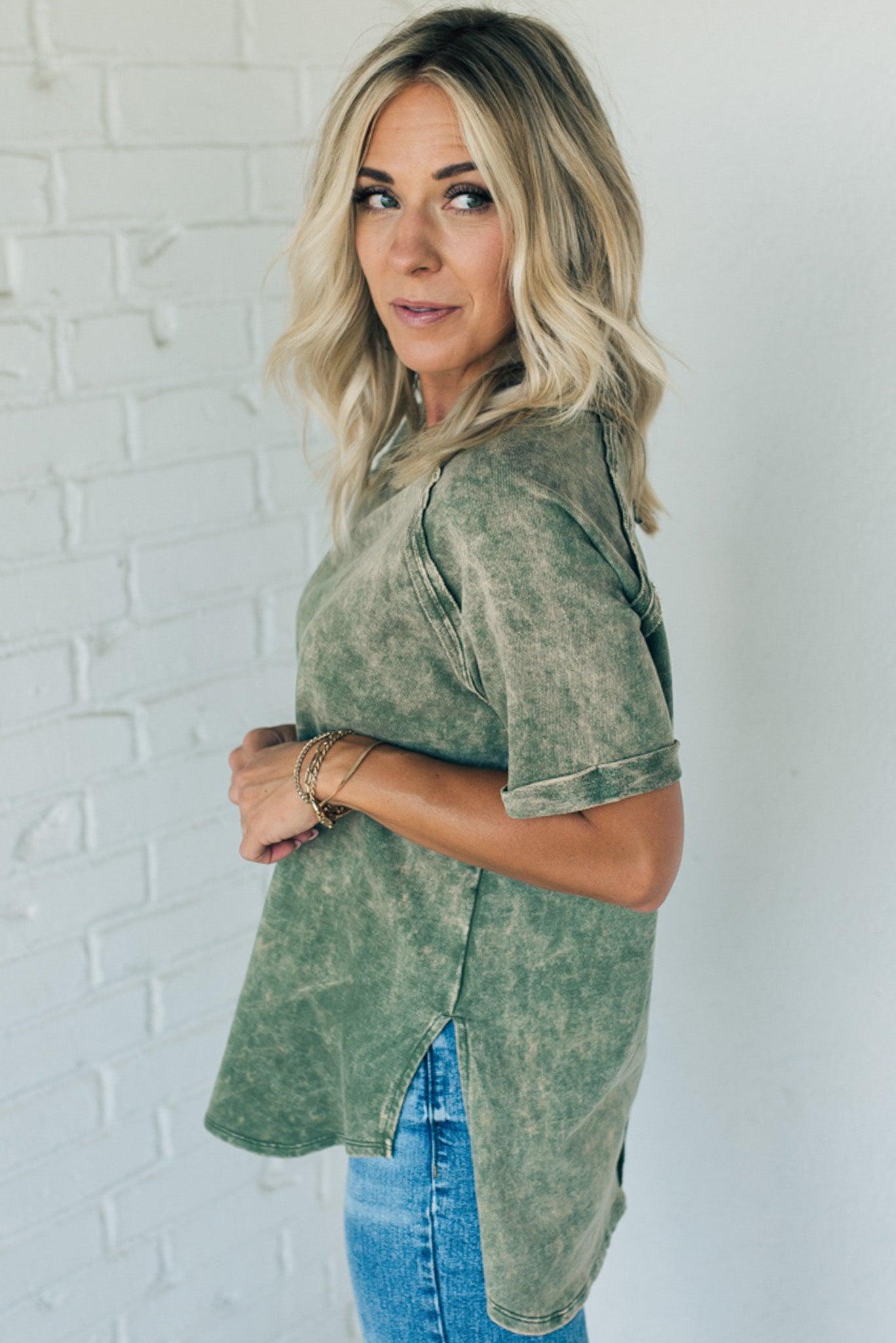 French Terry Top – Lightweight Acid Wash Shirt With Raglan Sleeve & Raw Edge Fashion