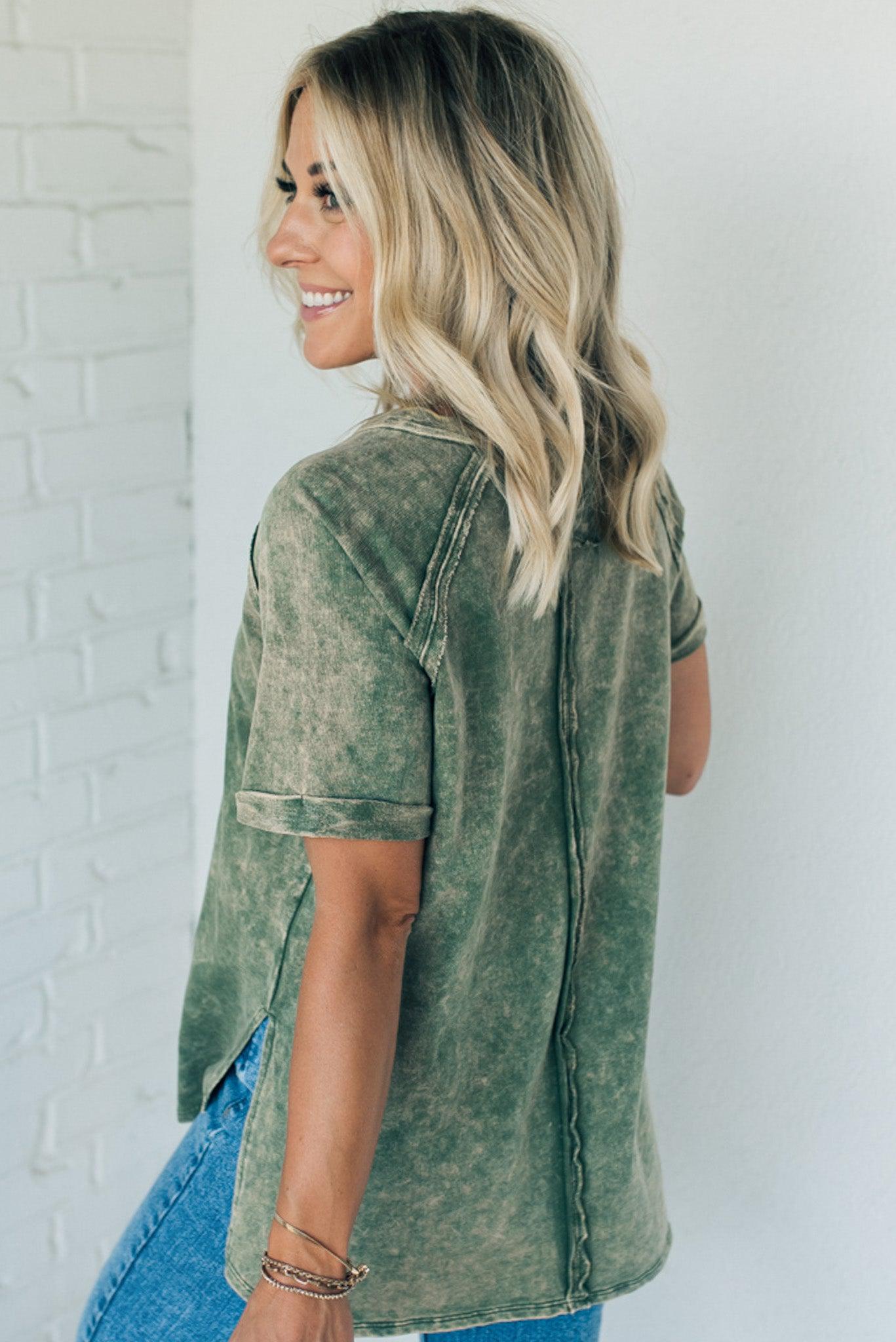 French Terry Top – Lightweight Acid Wash Shirt With Raglan Sleeve & Raw Edge Fashion