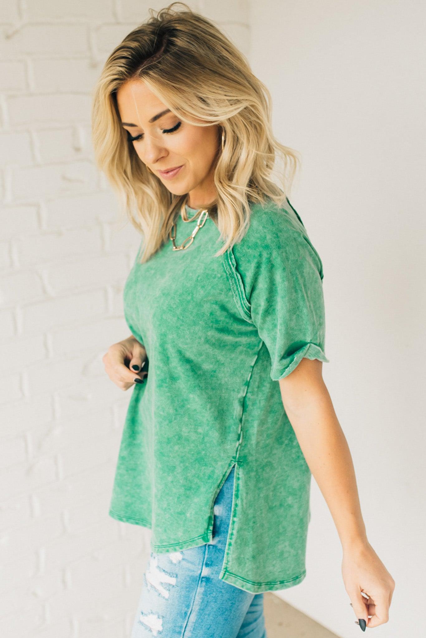 French Terry Top – Lightweight Acid Wash Shirt With Raglan Sleeve & Raw Edge Fashion