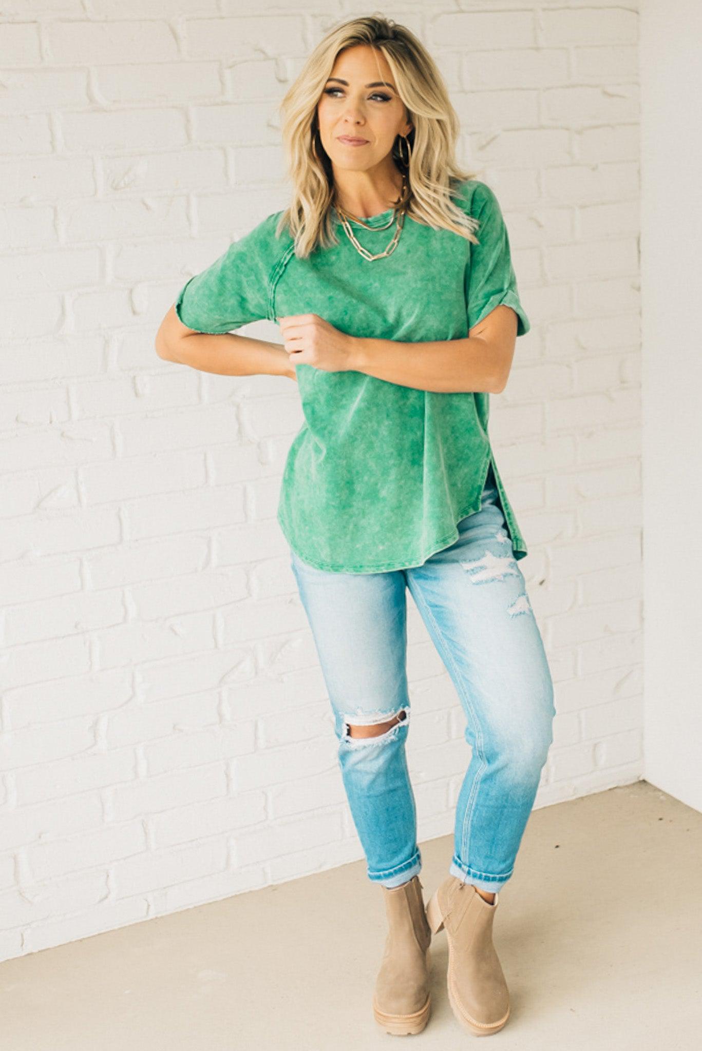 French Terry Top – Lightweight Acid Wash Shirt With Raglan Sleeve & Raw Edge Fashion