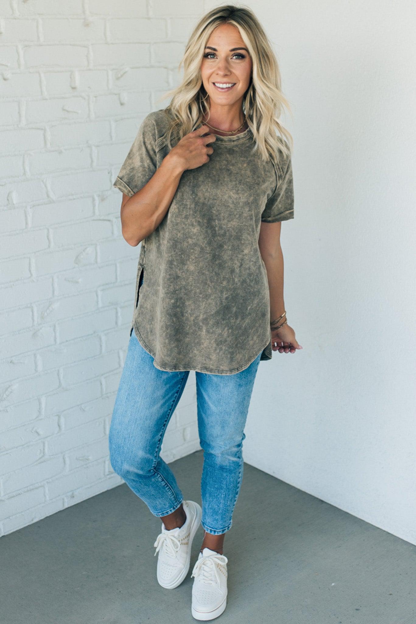 French Terry Top – Lightweight Acid Wash Shirt With Raglan Sleeve & Raw Edge Fashion