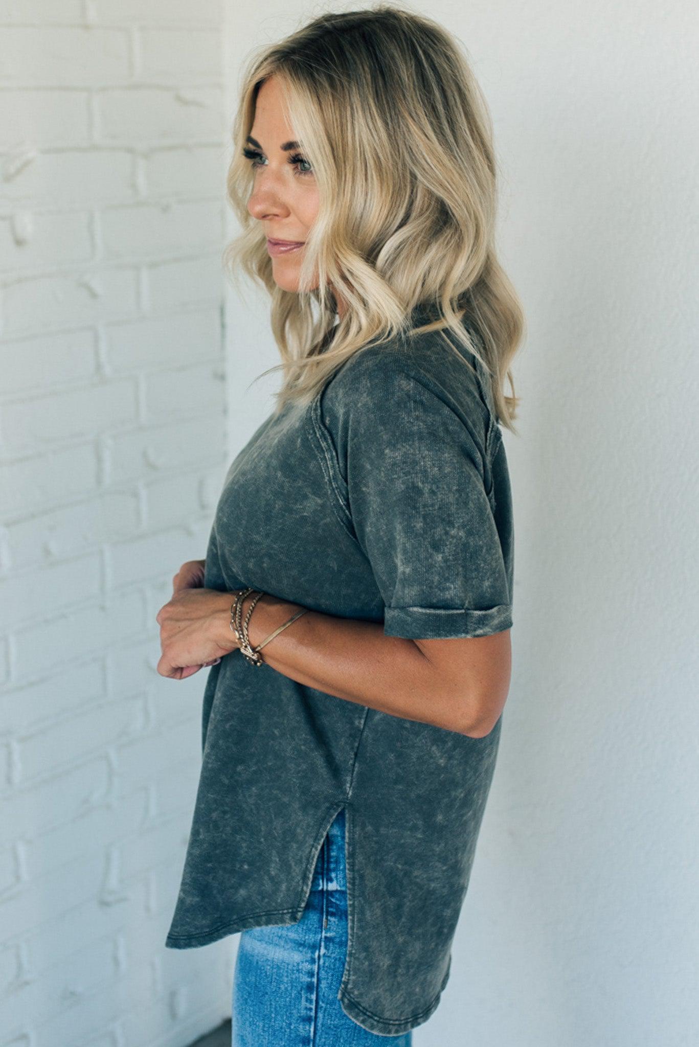 French Terry Top – Lightweight Acid Wash Shirt With Raglan Sleeve & Raw Edge Fashion