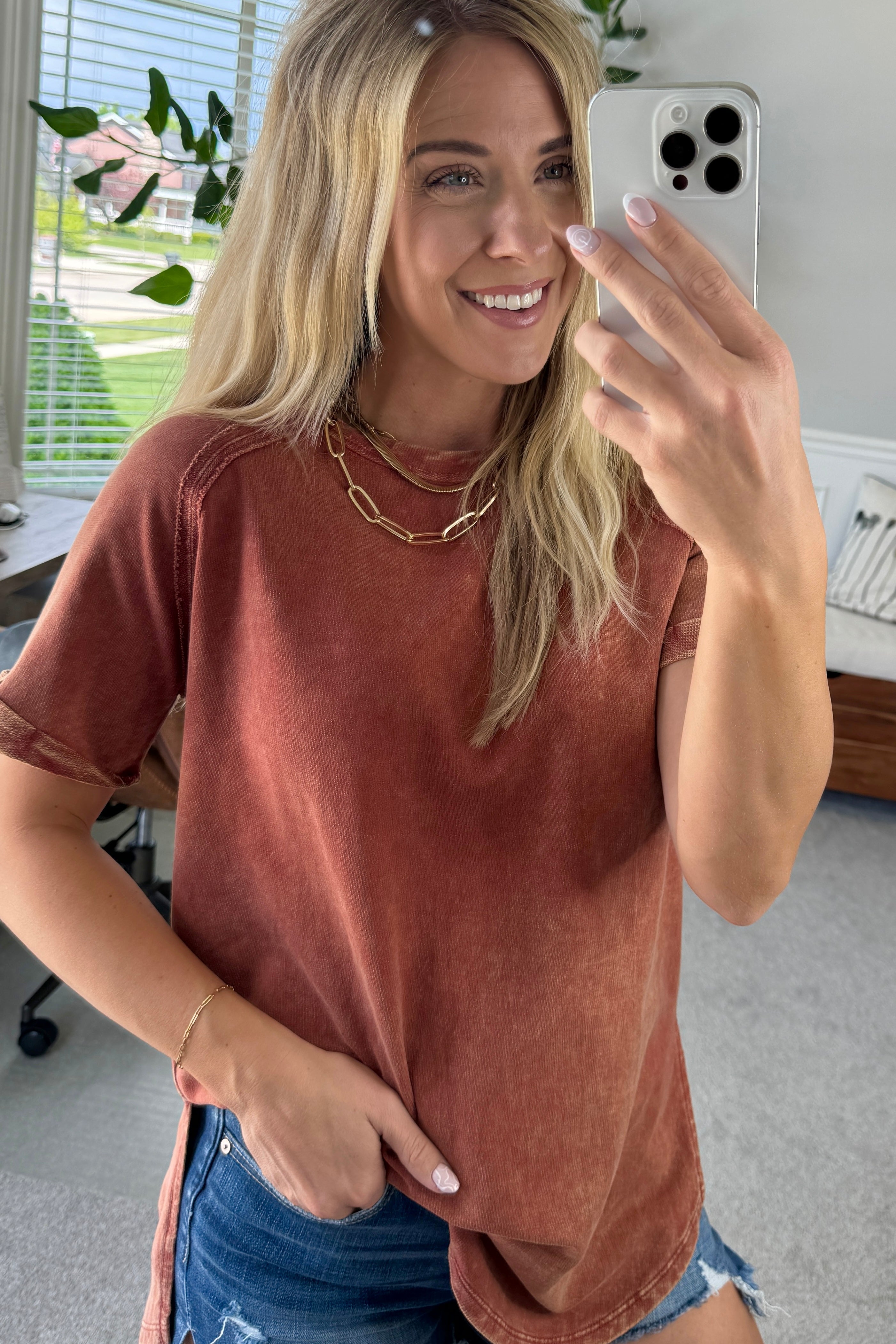 French Terry Top – Lightweight Acid Wash Shirt With Raglan Sleeve & Raw Edge Fashion