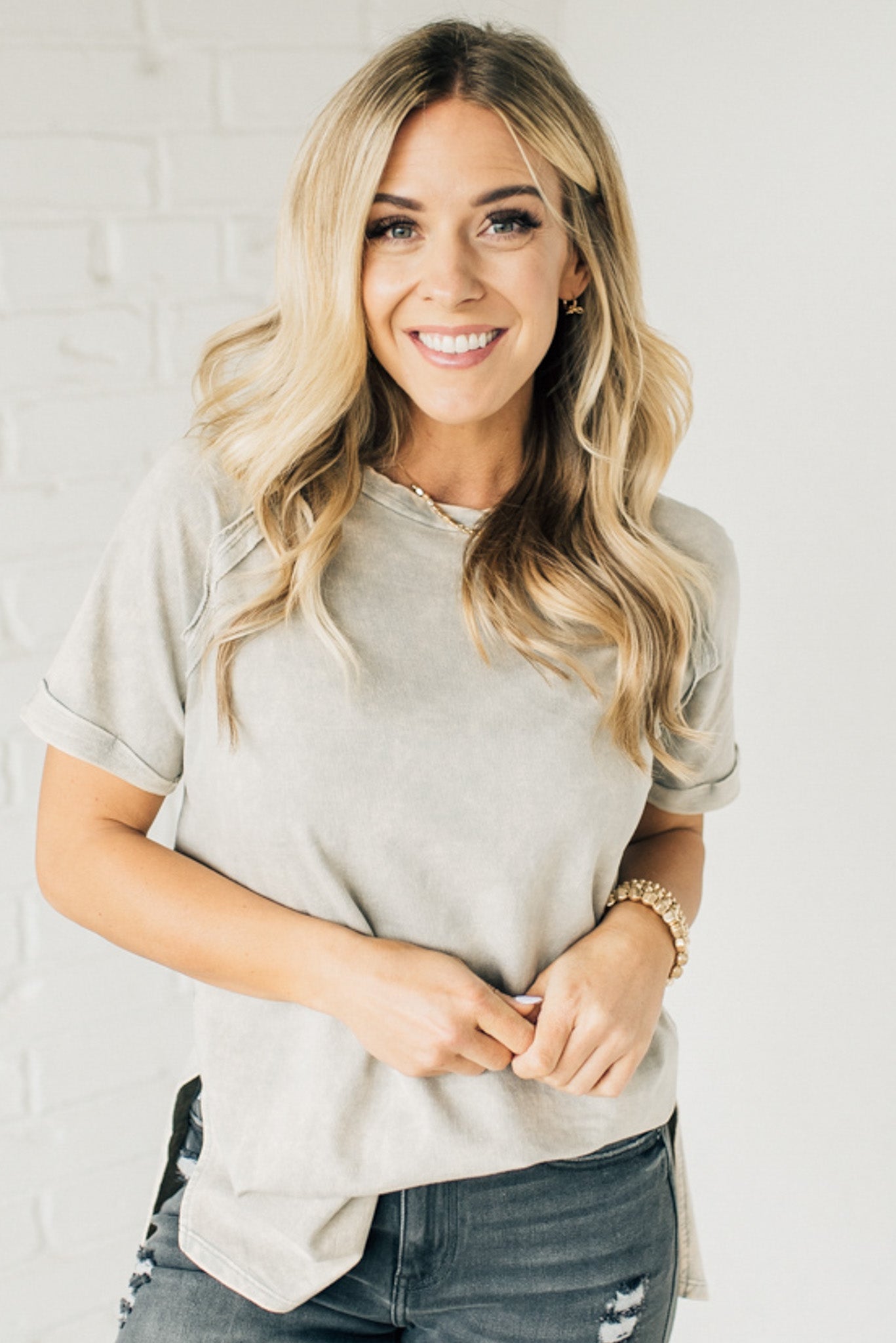 French Terry Top – Lightweight Acid Wash Shirt With Raglan Sleeve & Raw Edge Fashion