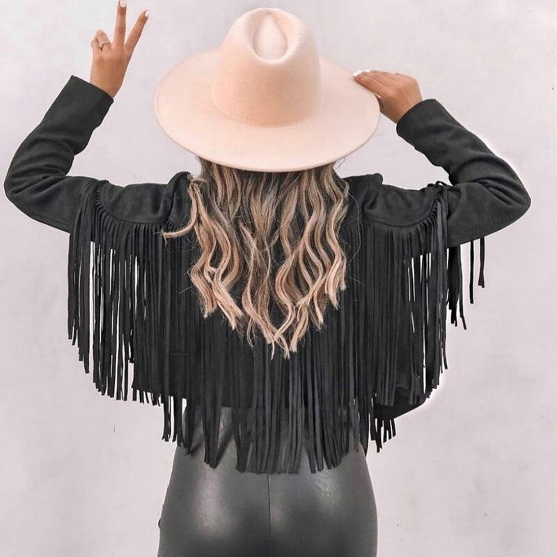 Suede Fringed Jacket – Women's Boho Chic Coat With Tassel Detail