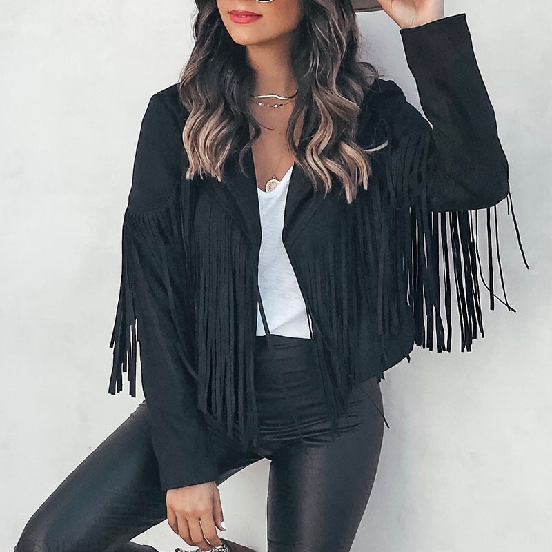 Suede Fringed Jacket – Women's Boho Chic Coat With Tassel Detail