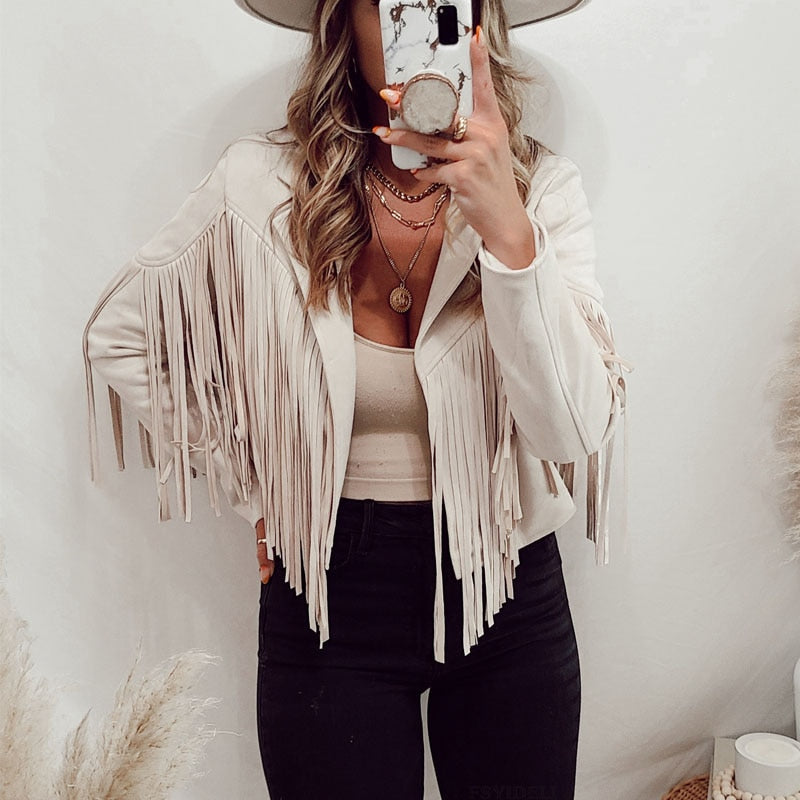 Suede Fringed Jacket – Women's Boho Chic Coat With Tassel Detail