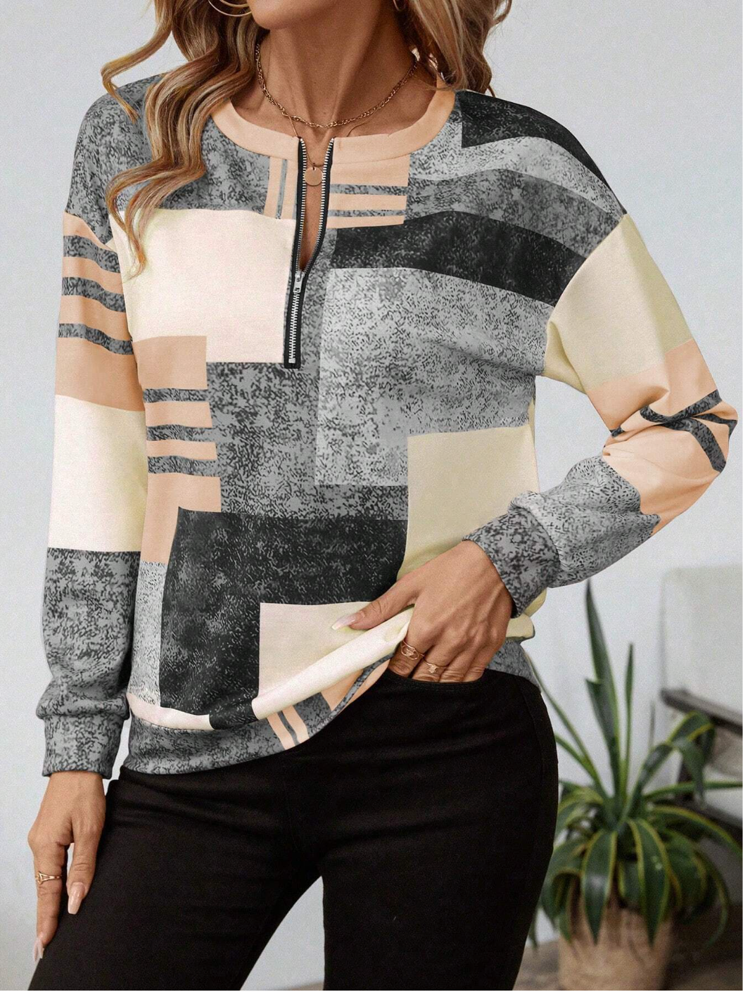 Vintage Sweatshirt – Chic Colourblock Half-Zip Retro Sweatshirt for Casual Layering