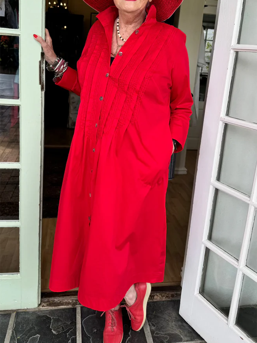 Accordion Pleated Dress - Cotton Linen Shirt Collar, Lightweight Summer Casual