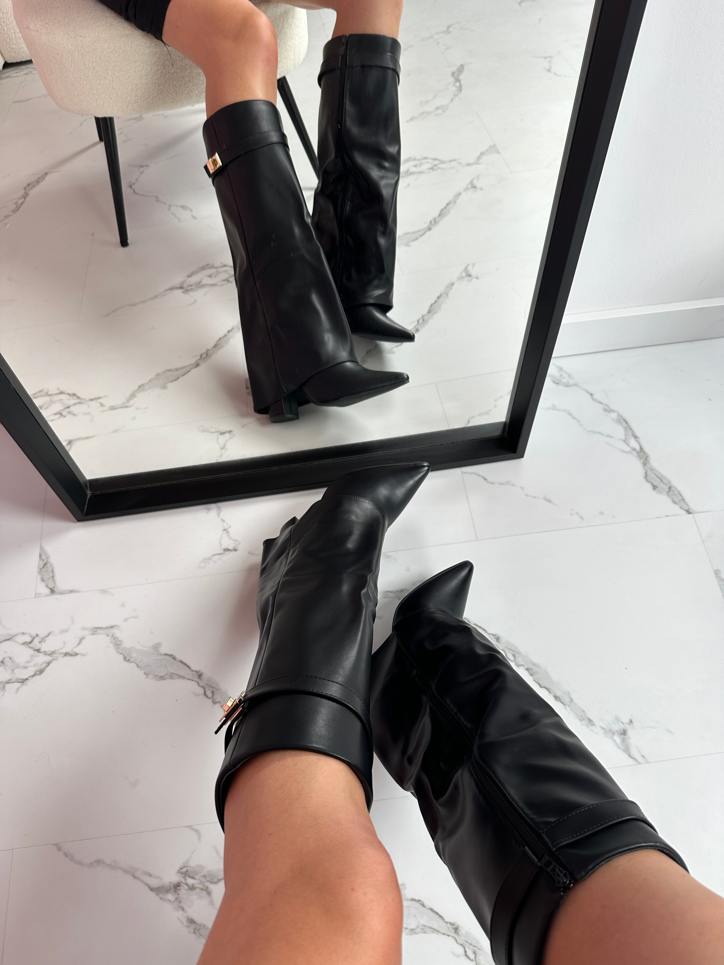 Black Leather Boots – Serena™ Knee High Pointed Toe Buckled Classic Design