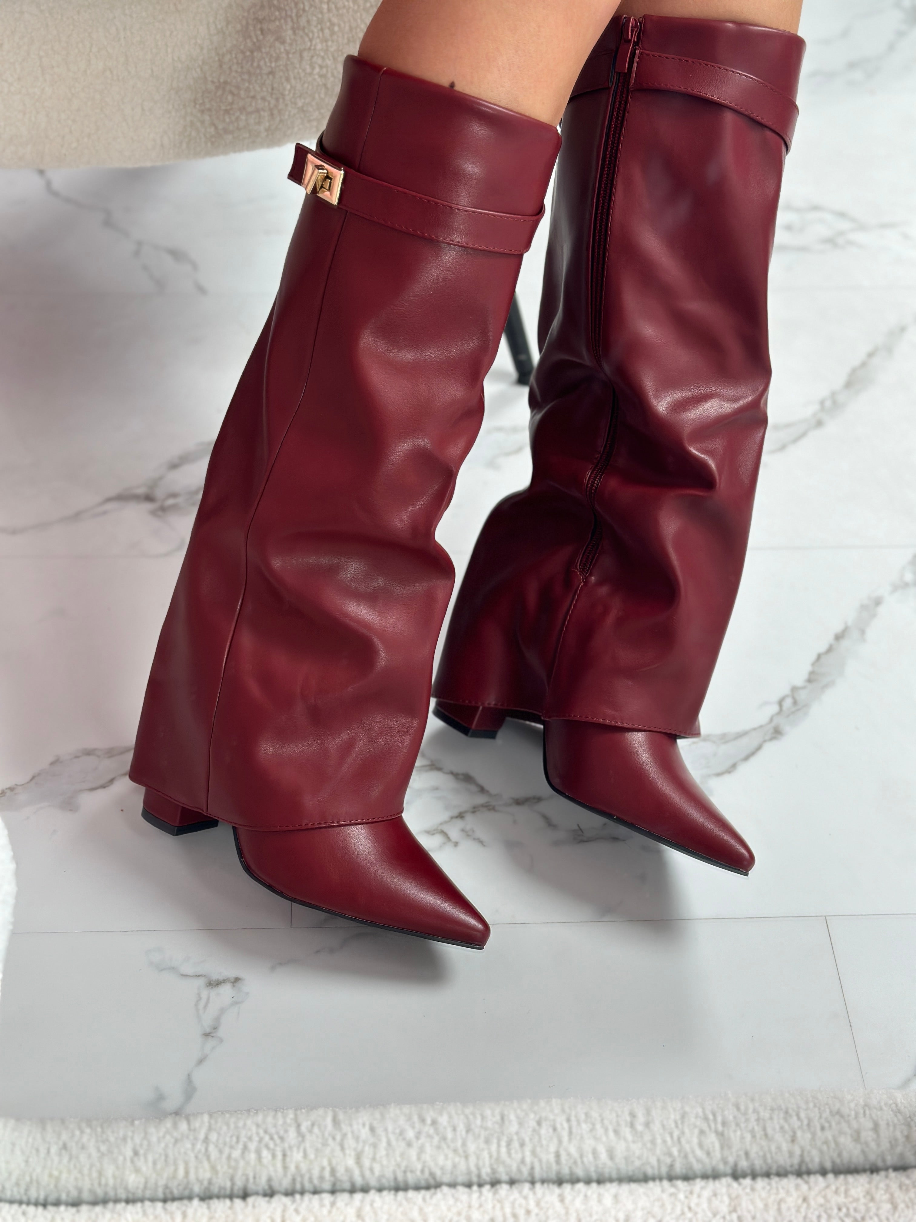 Burgundy Leather Boots – Elegant Knee High Boots With Buckle Detail