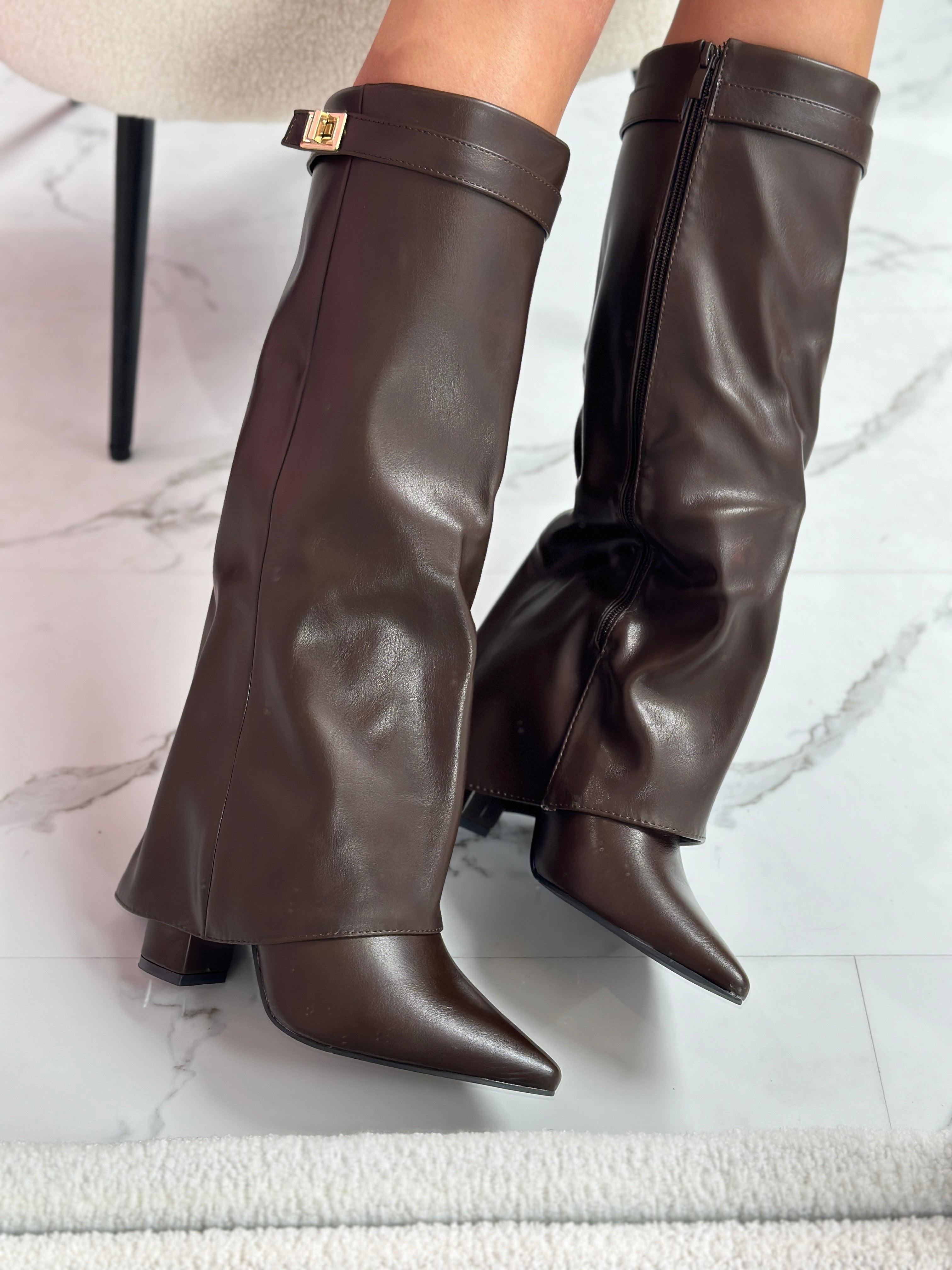 Brown Leather Boots - Knee High Pointed Toe Stylish Buckle Design